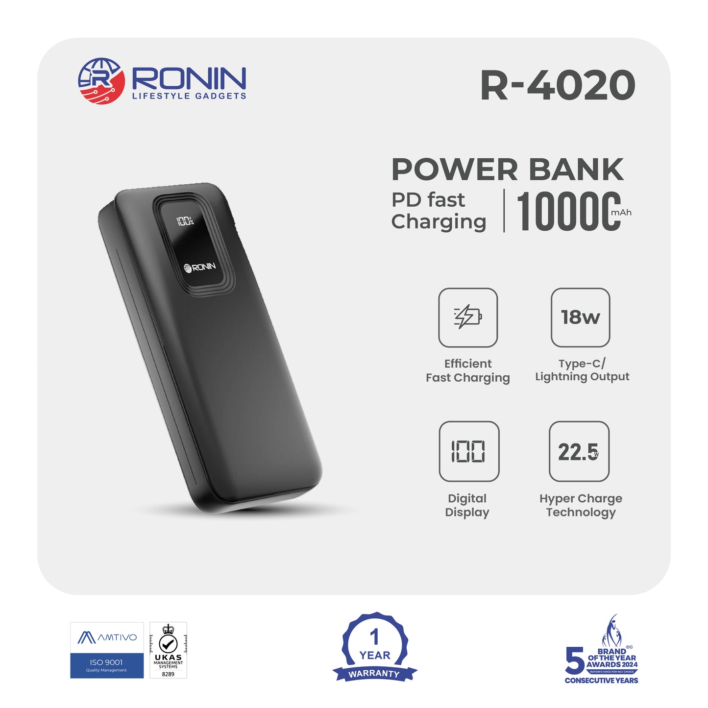 RONIN R-4020 Power Bank | Digital Display | 10000 mAh