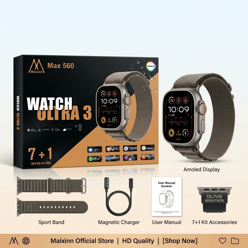 Maixinn Max 560 Watch Ultra 3 Smartwatch – AMOLED Display with 7+1 Straps Kit image 2