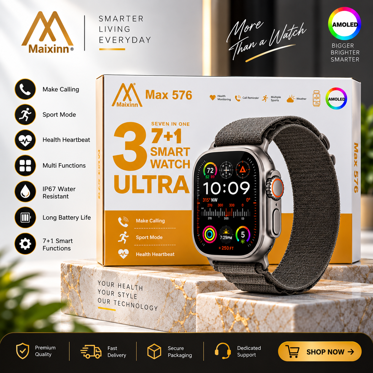 Maixinn Max 576 Ultra 3 Smartwatch – AMOLED Display with 7+1 Straps Set image 3
