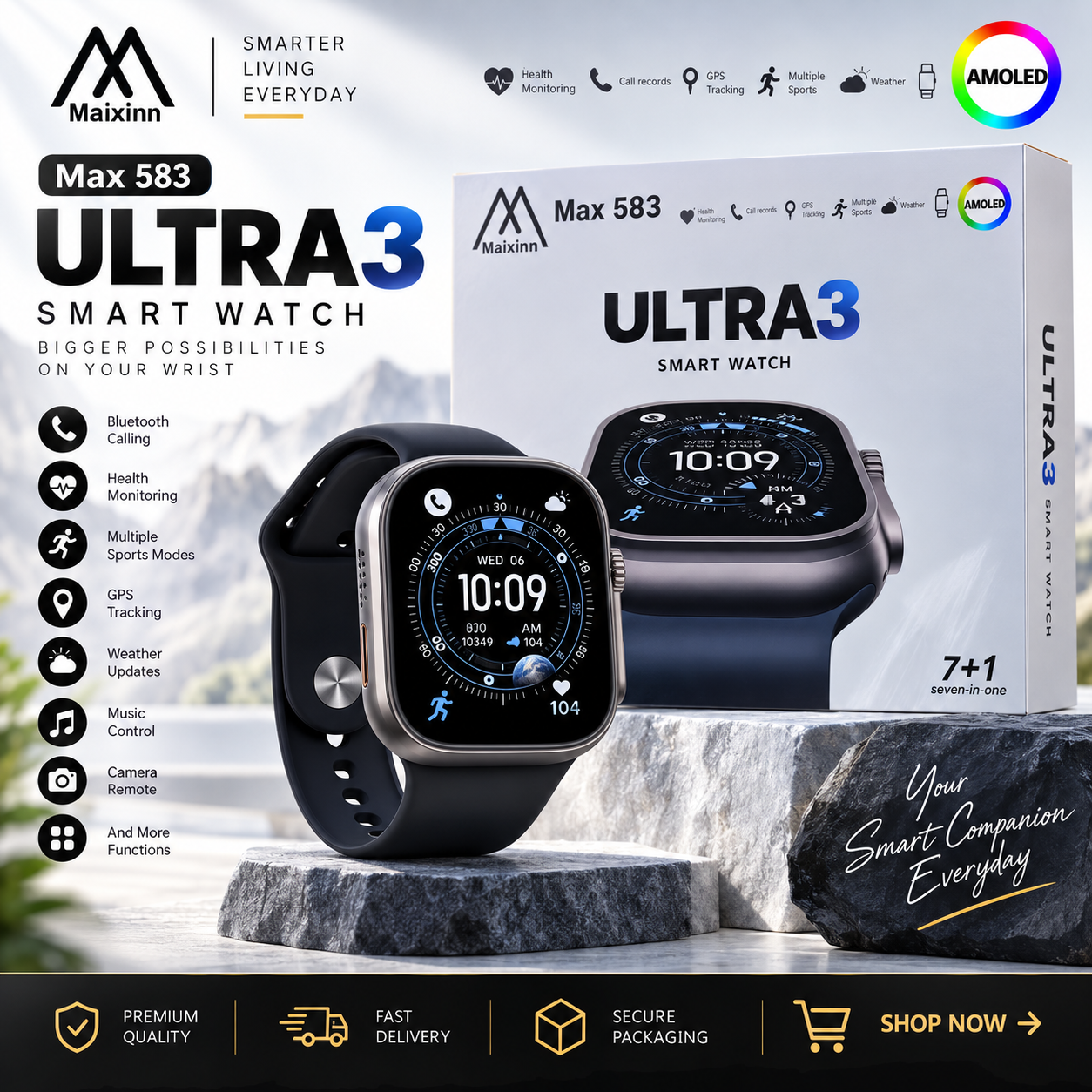 Maixinn Max 583 Ultra 3 Smartwatch – AMOLED Display with GPS Tracking & 7+1 Straps Set image 2