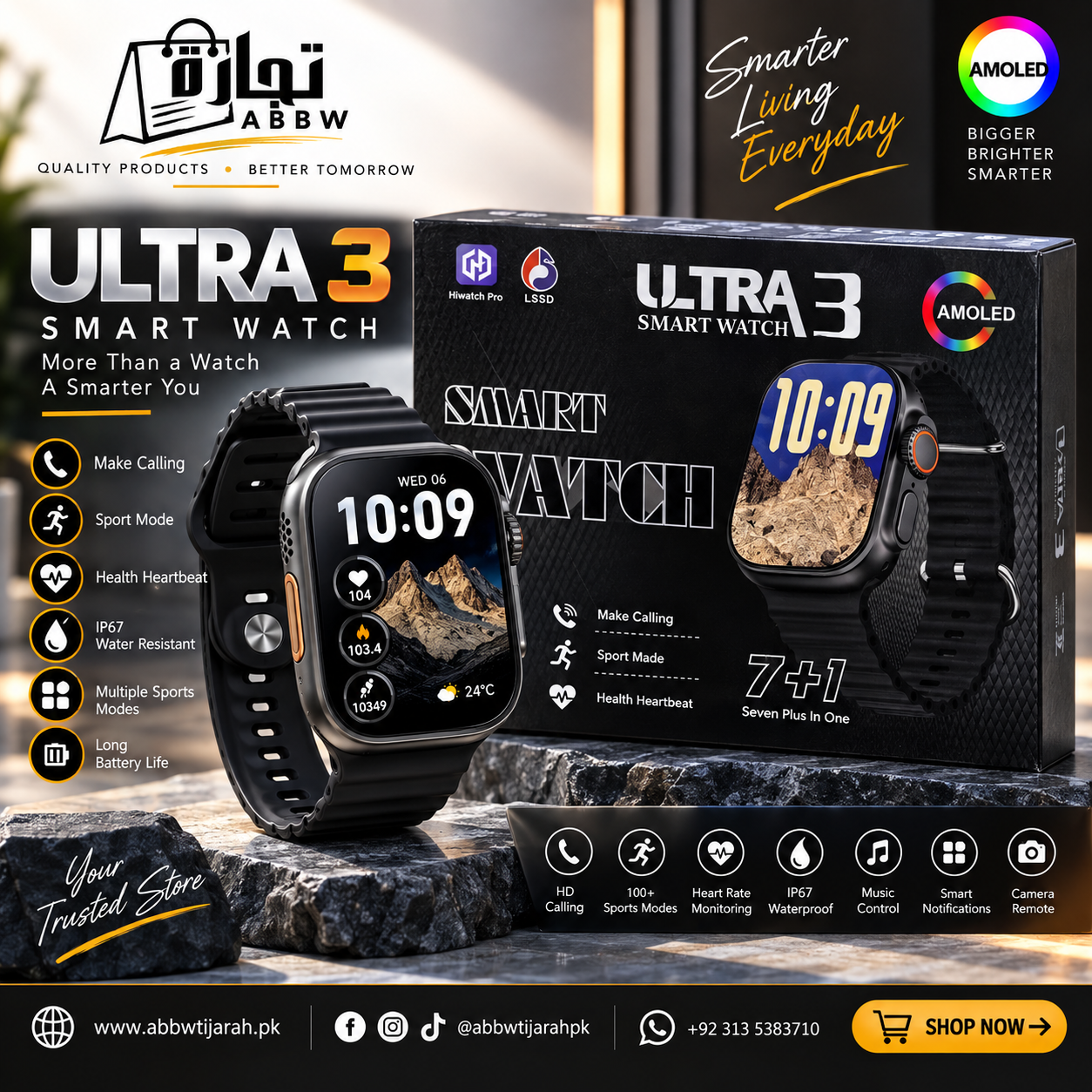 Ultra 3 Smartwatch – AMOLED Display with 7+1 Straps Set & Hiwatch Pro App Sync